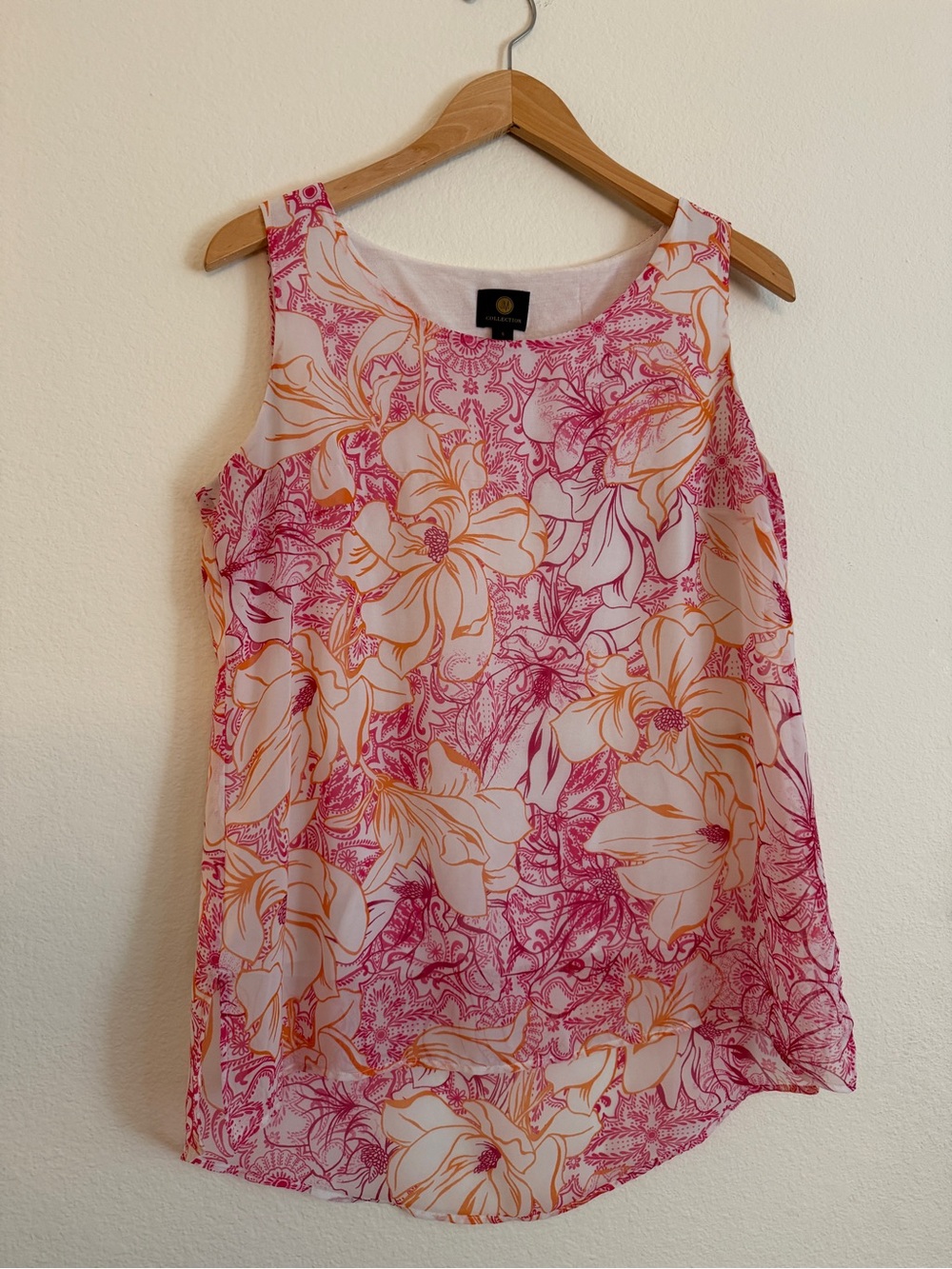 JM Collection Floral Tank Top Blouse Size S Pink Orange Sheer